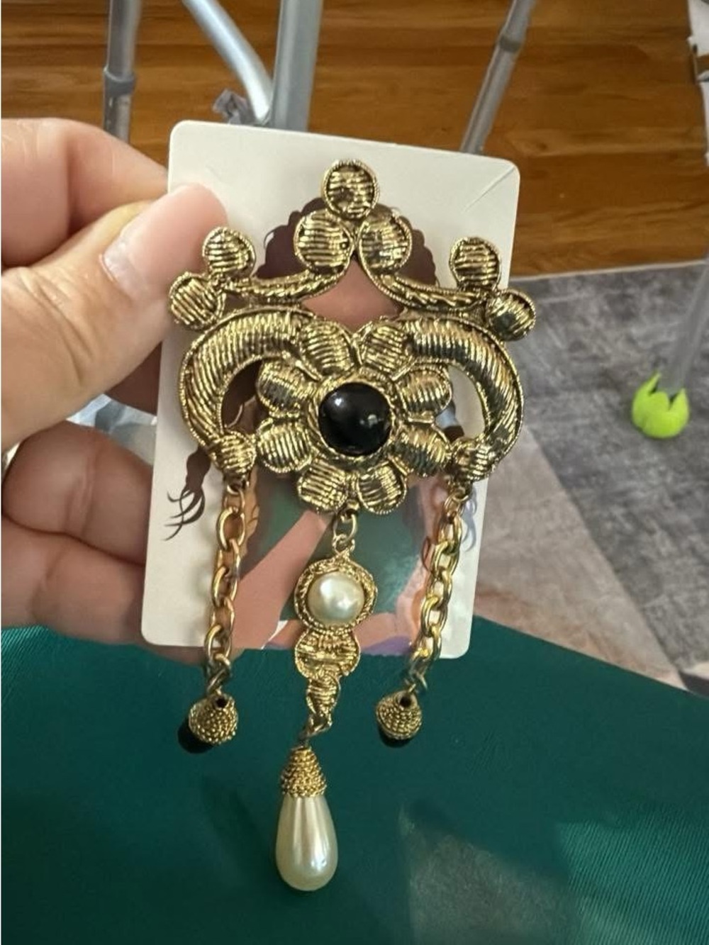 Gold-tone Floral Drop Brooch with Black and Pearl Accents